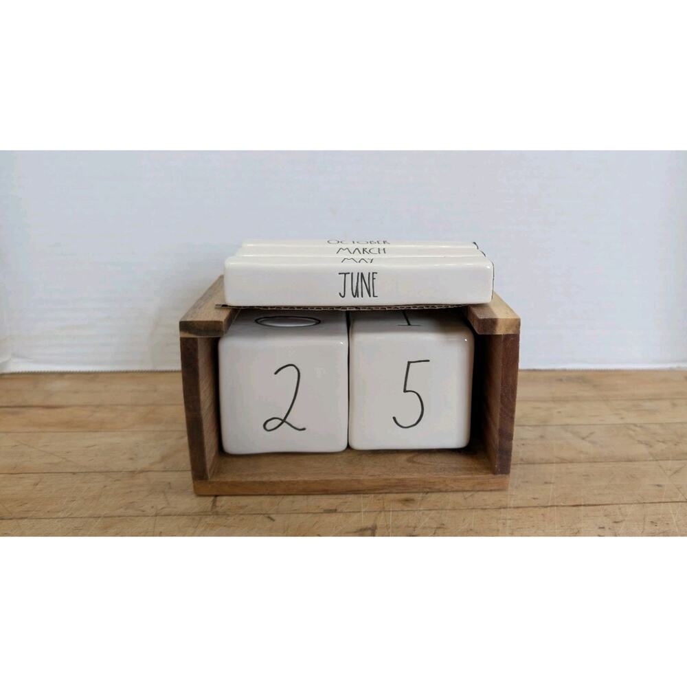Rae Dunn Ceramic Perpetual Desk Calendar w/ Wood Block Holder Glossy Home Decor - Picture 2 of 6